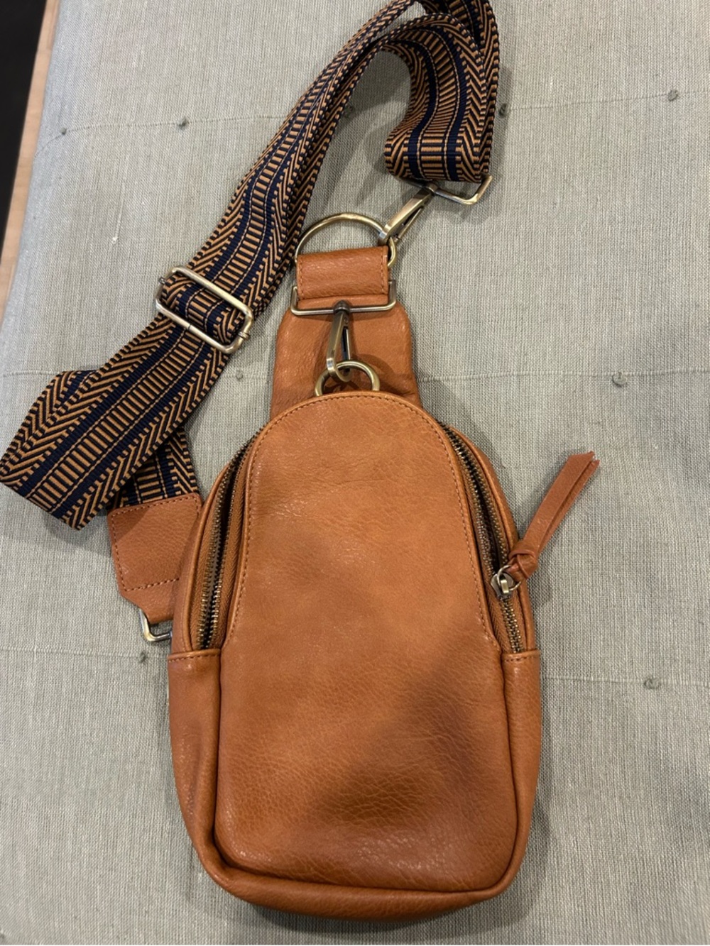 Anthropologie Leather Crossbody Bag - Cognac Brown with Patterned Strap